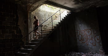 person, walking, stair, ruin, woman, stairs, leave, destroyed, girl, broken, dirty