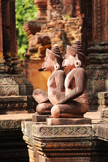 brown monkey statues, banteay srei, temple, travel, antique, old, beautiful, angkor wat, siem reap, cambodia, asia