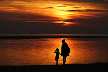 silhouette, woman, girl, shore, mother, daughter, together, walking, family, vaction, design