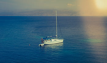 boat, body, water, white, sailboat, horizon, blue, ocean, sea, nature, ship
