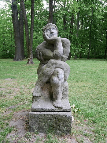 berlin, sculpture, biesdorf, schlosspark biesdorf, park, ingeborg hunzinger, art of ddr, sand stone, musing, thoughtfulness, stone figure