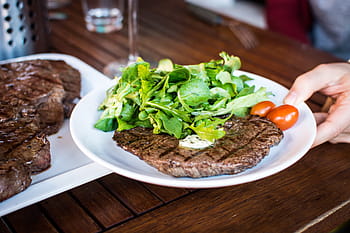 beef steak, greens, Barbequed, beef, grilling, hands, meat, steak, food, grilled, meal