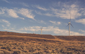 wind mills, valley, daytime, blue, sky, white, windmills, brown, mountain, fields, rural