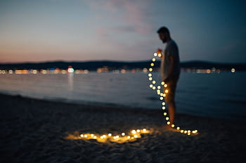 oceano, mar, costa, verão, noite, homem, Europa, beira-mar, luzes, luzes de fada, bokeh