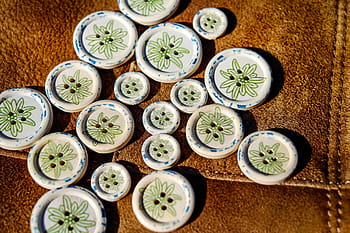 round, white-and-green, clothes, button, lot, brown, textile, buttons, four holes, costume, colorful