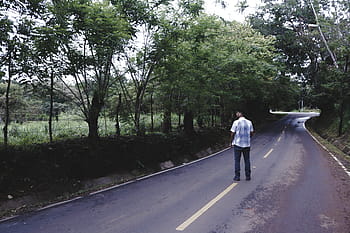 남자, 화이트, 셔츠, 검은, 바닥, 서 있는, 도로, 착용, 드레스, 푸른, 청
