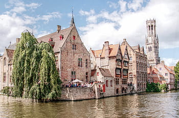 Beton, Häuser, neben, Karosserie, Wasser, Glockenturm, Turm, Brügge, Kanal, romantisch, historisch