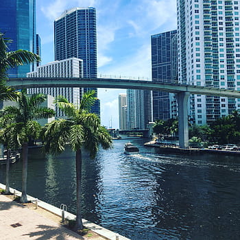 boat, concrete, bridge, buildings, distance, Miami, River, Beautiful View, Skyscraper, miami, river, skyline