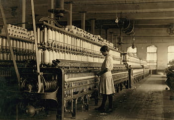 woman, standing, front, industrial, machine, vintage, child labor, textile, textile mill, spindle, spools