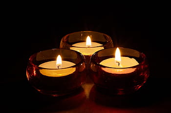 three lighted tealights, three, tealight, candles, dark, room, glass, candle, fire, night, flame