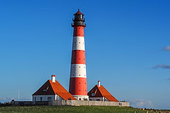red, white, lighthouse, westerhever, wadden sea, north sea, nordfriesland, world natural heritage, direction, building exterior, tower