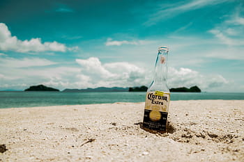 corona, další, pivní lahev, pláž pobřeží, soustředit se, fotografování, láhev, u, pláž, moře, oceán