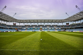 green football field, white, soccer, ball, stadium, daytime, field, grass, sports, fitness, exercise