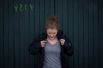 woman, wearing, gray, v-neck shirt, black, zip-up hoodie, people, fashion, simple, shirt, jacket