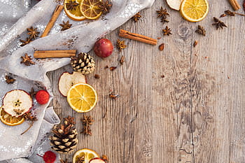 nakrájený, citrus, ovoce, skořicové rolky, hnědý, dřevěný, povrch, Vánoce, příchod, oranžový, jablko