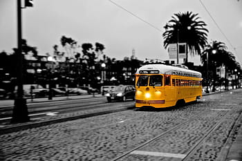 yellow, white, bus, passing, road, Tram, Trolley, Train, San Francisco, trolley train, transportation