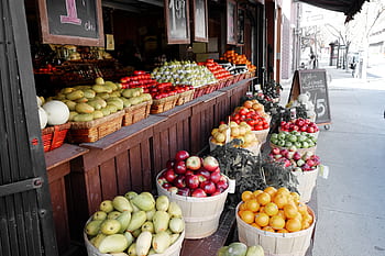 ovoce, zelenina, ulice, trh, hrušky, jablka, pomeranče, manga, rajčata, ananasový meloun, koše