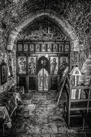 параклис, стар, потамос лиопетри, Кипър, църква, интериор, архитектура, религия, православен, християнство, Черно и бяло