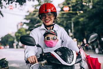woman, baby, riding, motorcycle, mother, son, helmet, eyeglasses, road, street, trees