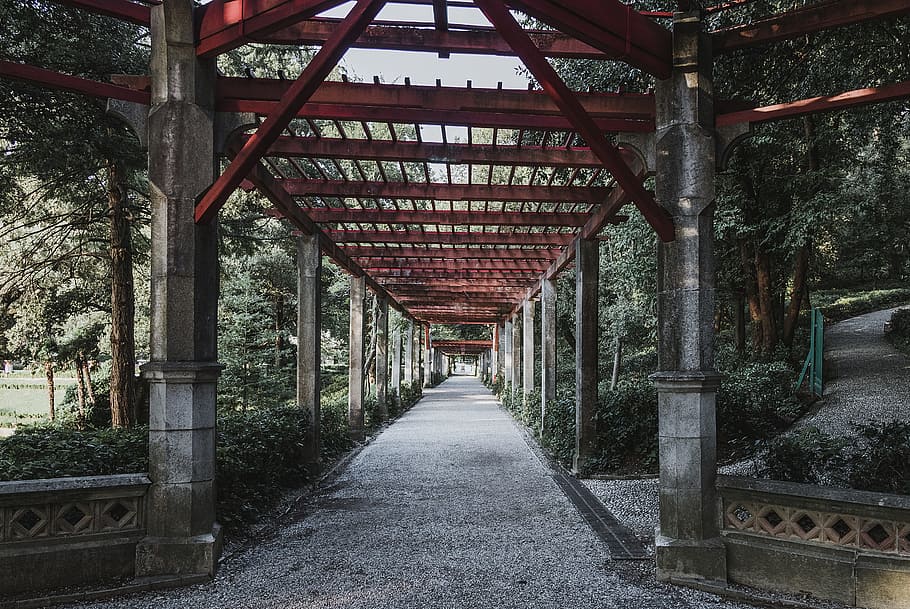 garden, architecture, columns, daylight, metal, path, pillars, steel