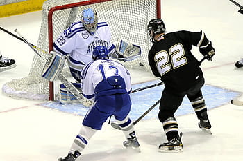 three, men, playing, ice hockey, field, players, forward, contact, sticks, goal, puck