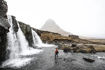 kirkjufell, iceland, waterfalls, hill, mountain, highland, landscape, water, rocks, cliff, people, man