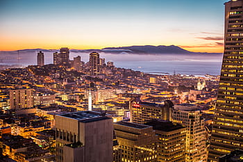 hermoso, atardecer, noche, paisaje urbano, área de la bahía de San Francisco, hermosa puesta de sol, tarde, bahía, edificios, california, ciudad