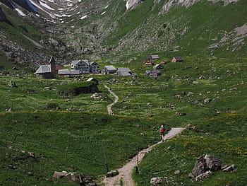 stezka, túra, poutník, bergdorf, meglisalp, alpské vesnice, appenzell, vnitřní, alpstein, destinace, kostel