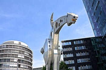 grå, stål dyr statue, overskyet, blå, himmel, skulptur, metal, kunst, figur, statue, metallisk