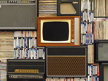 assorted, antique, appliance, cassette tapes, old tv, records, vhs tapes, retro, tv, vintage, videotape