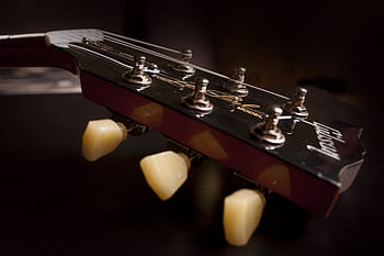 avvicinamento, foto, Marrone, paletta chitarra gibson, di legno, chitarra, capo, azione, elettrico, stringhe, musicale