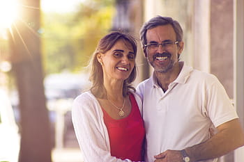 man, wearing, white, polo shirt, hugging, woman, cardigan, red, top, couple, adult