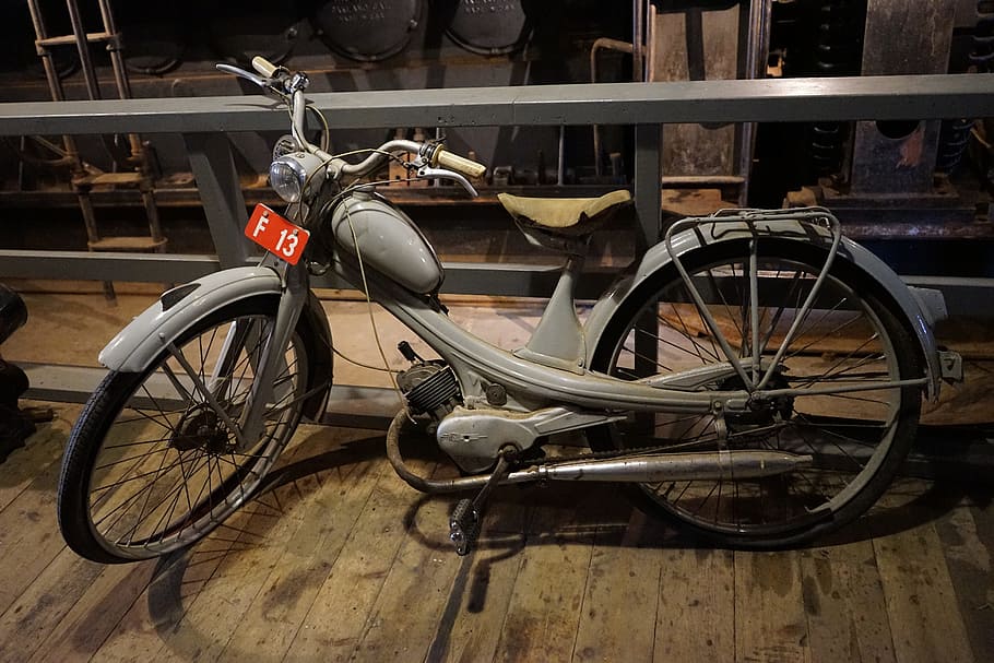 motorized, bicycle, brown, flooring, moped, nsu quickli, two wheeled vehicle, old, classic, locomotion, historic motorcycle