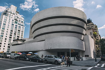 wide, angle street shot, exterior, manhattan, new, york city, Wide angle, street, shot, Guggenheim Museum, New York City