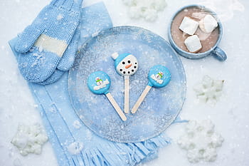 blue, plate, gloves, scarf, hot chocolate, snow, winter, chocolate, hot, cup, drink