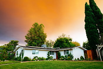 white, brown, 1-storey, 1- storey house, surrounded, sky, bungalow, orange, skies, sunset, house