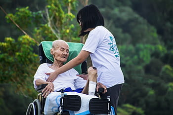 grandfather, sitting, wheel chair, girl, hospice, caring, nursing, care, old, elderly, patient