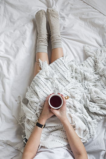 mulher, branco, relaxa, tempo, cobertor, interior, cama, aconchegante, confortável, higiênico, Macio