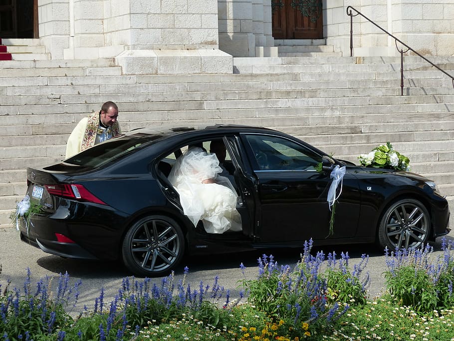 woman, wearing, wedding dress, getting, black, sedan, daytime, wedding, bride, marry, wedding car