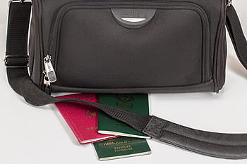 sort, crossbody taske, tre, pas, hvid, overflade, rejse, kuffert, ferie, turisme, bagage