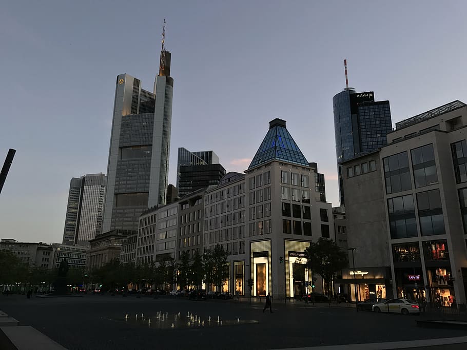 frankfurt, město, mrakodrap, panoráma, finanční okres, večer, Německo, rhein-main, městské centrum, commerzbank, goetheplatz