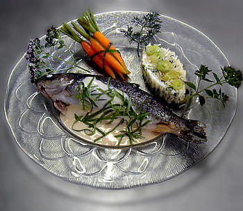 fried, fish, sushi, plate, brook trout, main course, trout, court, gourmet, menu, menu dining