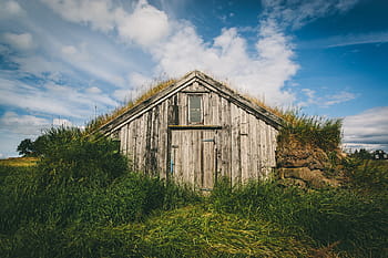 brown, wooden, storage house, surrounded, green, grass, grassland, mountain, landscape, nature, field