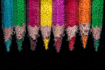 photographed, blue, green, pink, yellow, purple, red, color pencil, beaded, colour pencils, in the water