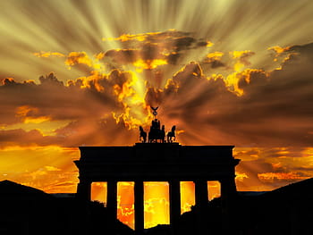 raggi crepuscolari, colpire, struttura, statua del carro, brandenburger tor, crepuscolo, alba, tramonto, Berlino, Germania, città