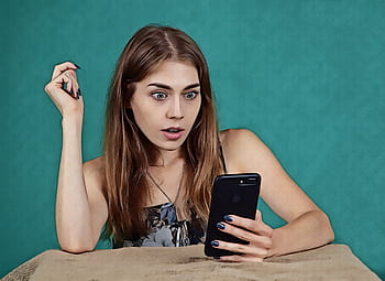 girl, surprise, cell, phone, smartphone, information, account, shock, technology, screen, hotel