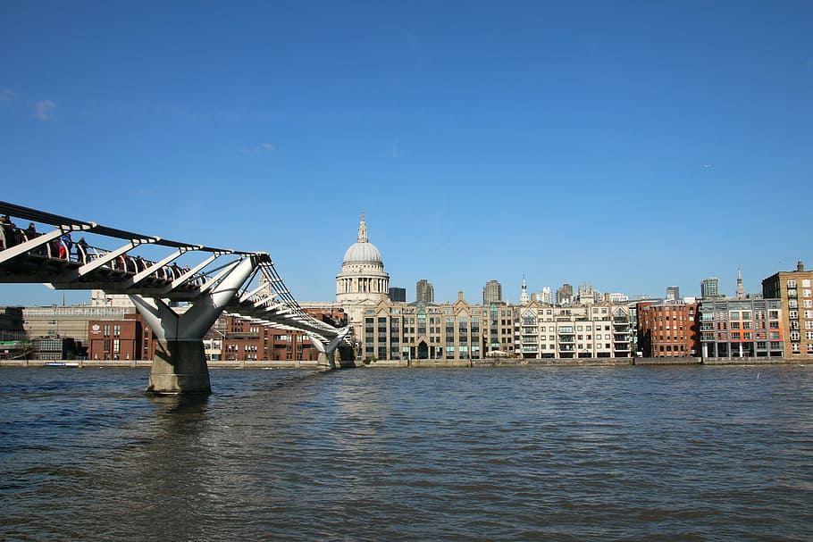 london, millennium, bridge, thames, city, england, cathedral, dome, st, paul, skyline