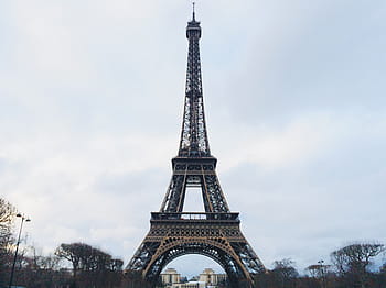 nízký, úhlové fotografování, Eiffelova věž, zataženo, nebe, eiffel, věž, Francie, Paříž, stromy, mraky