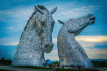 kelpies, Skotsko, Spojené království, koně, socha, sochařství, slavné místo, architektura, nebe, mrak - nebe, zvířat