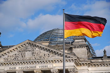 Černá, Červené, žlutá, vlajka, pól, vedle, beton, budova, reichstag, Berlín, vládních budov